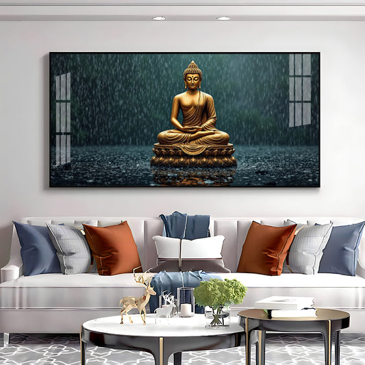 Golden Calm Budha Glass Finish Horizontal Wall Art