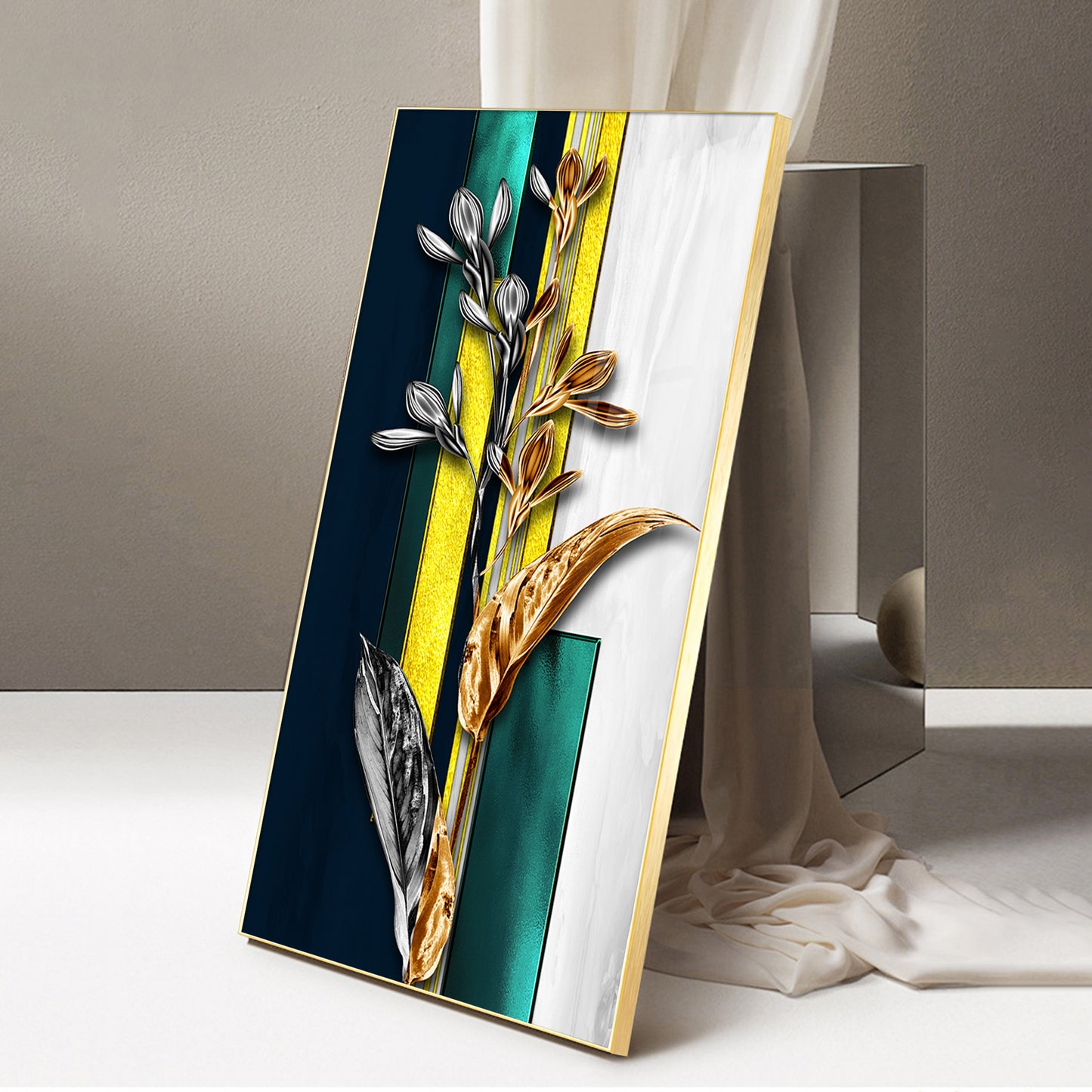 Gilded Floral Glass Finish Vertical Wall Art