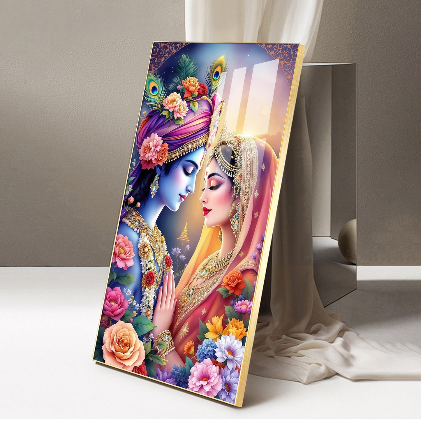Divine Love Of Radha Krishna Glass Finish Vertical Wall Art