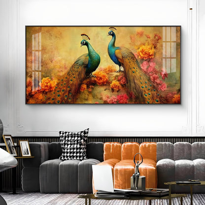 Two Peacock With Flower Background Glass Finish Horizontal Wall Art