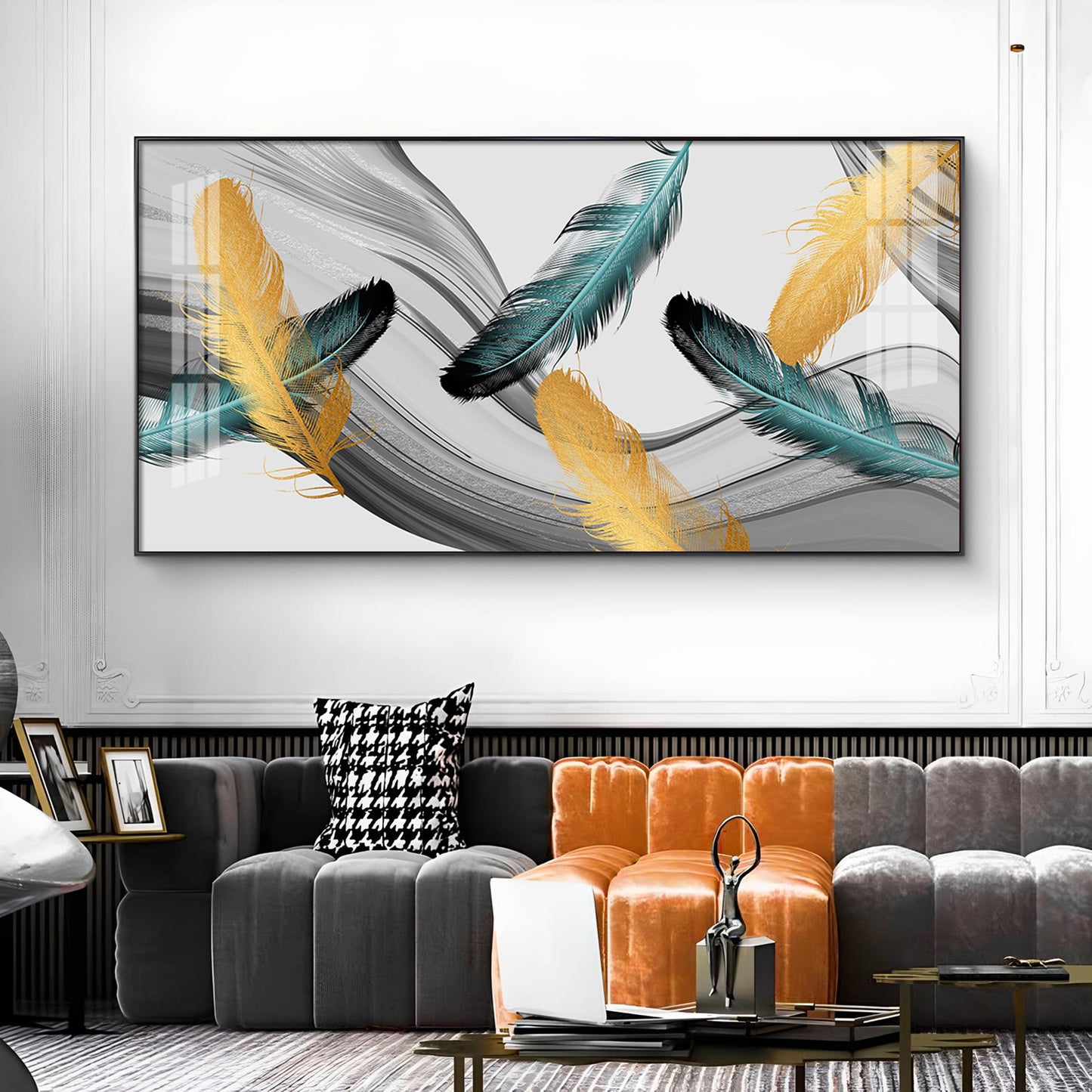 Ginkgo Leaf And Feather Glass Finish Horizontal Wall Art