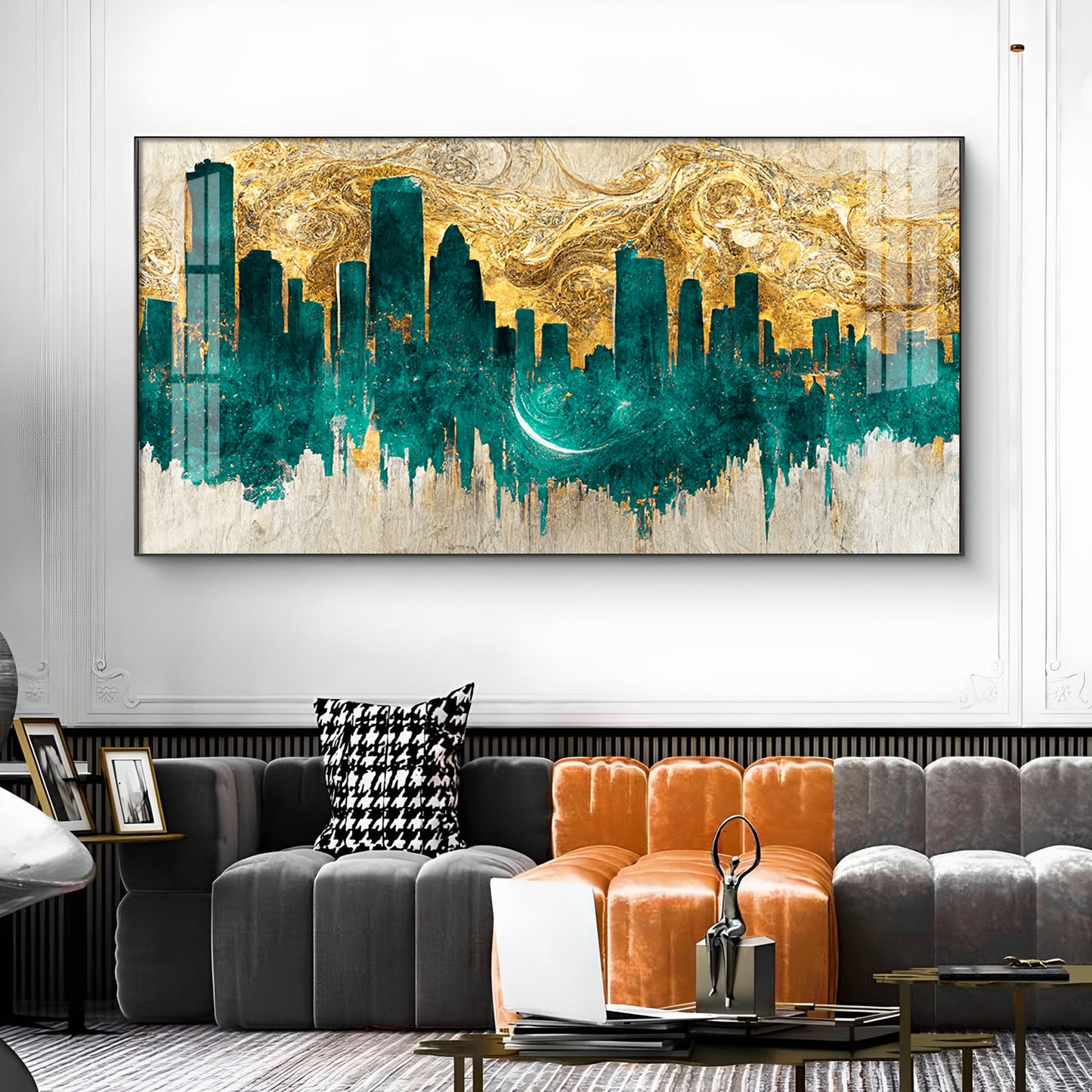 Golden Urban Vista Glass Finish Horizontal Wall Art