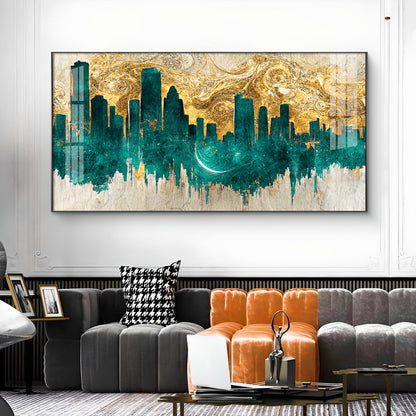 Golden Urban Vista Glass Finish Horizontal Wall Art