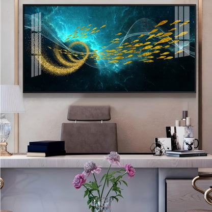 School Of Gold Fish Glass Finish Horizontal Wall Art