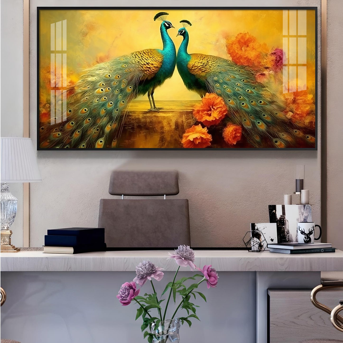 Peacocks With Flower Background Glass Finish Horizontal Wall Art