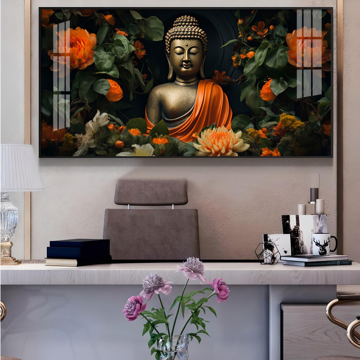 Luminous Buddha With Flower Glass Finish Horizontal Wall Art