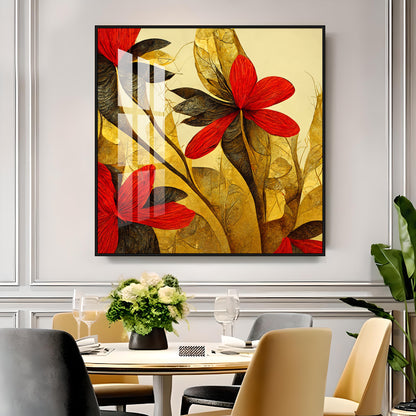 Scarlet Bloom Glass Finish Square Wall Art