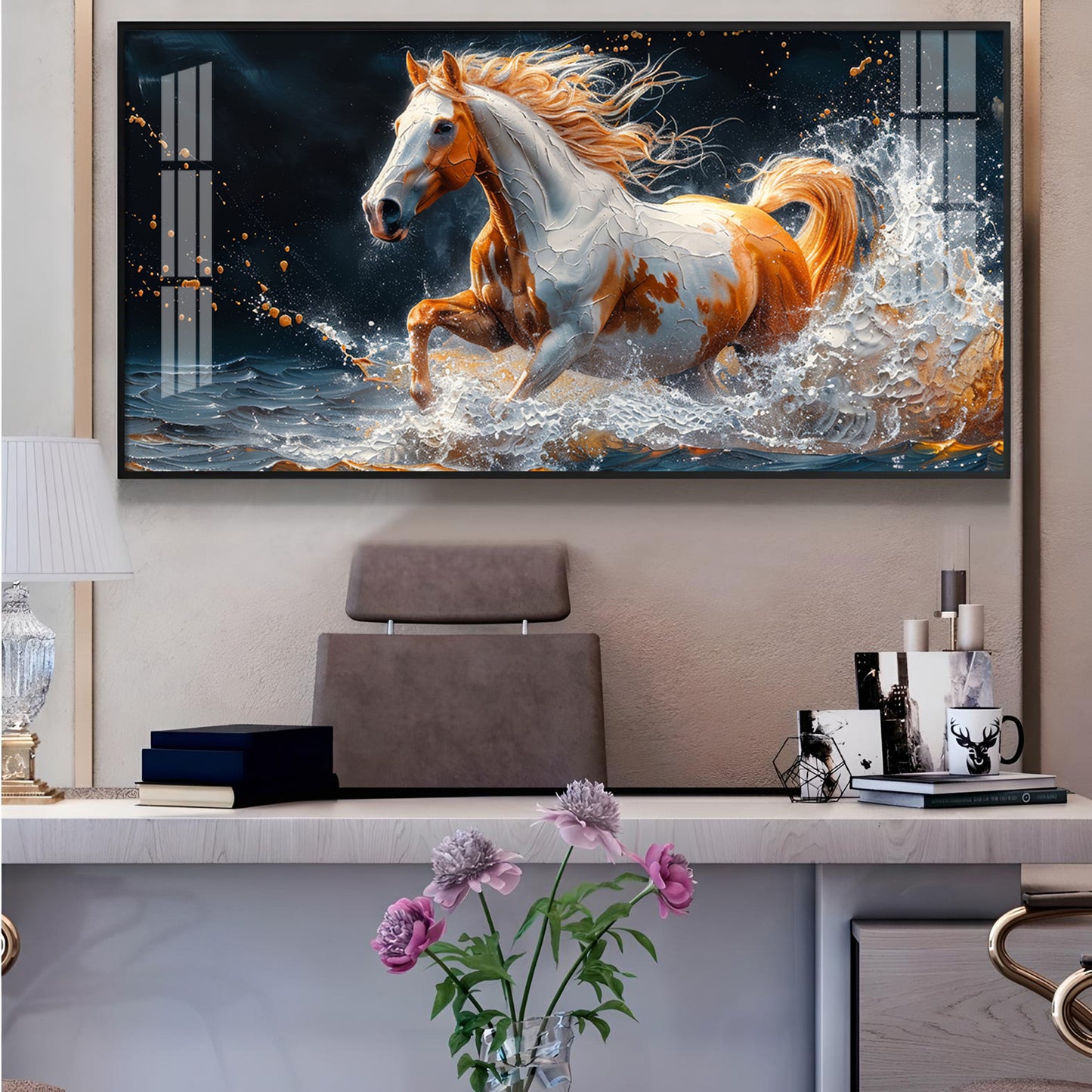 One Horse Running Glass Finish Horizontal Wall Art