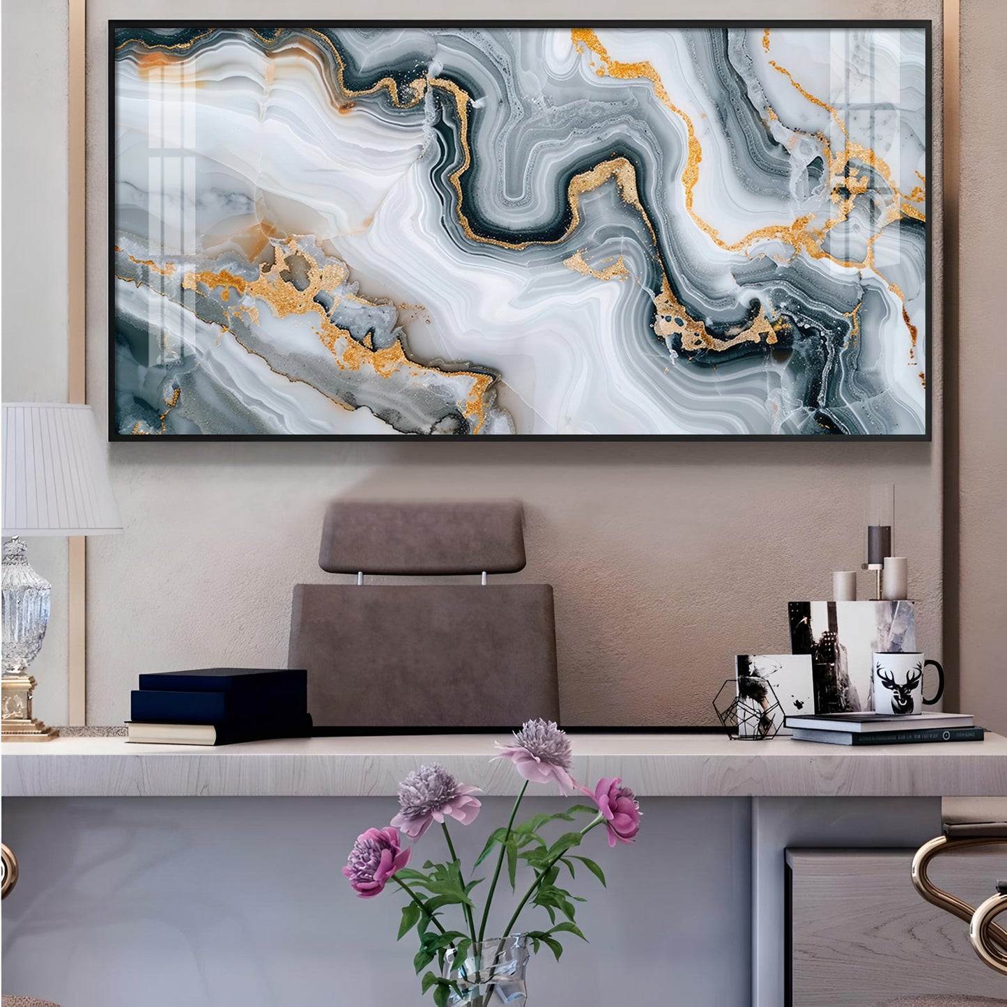 Modern Abstract Golden & Gray Glass Finish Horizontal Wall Art