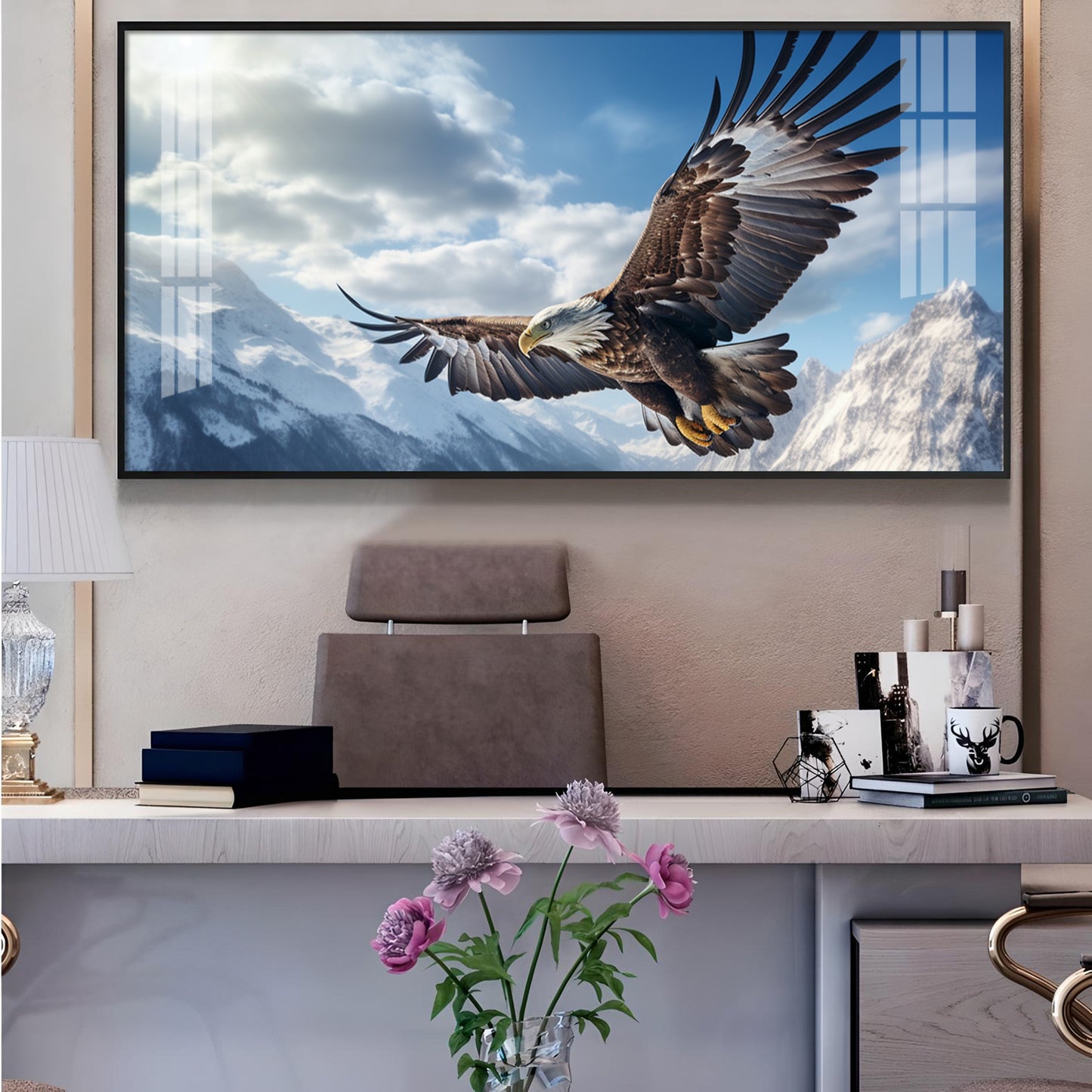 Eagle Flying Over Mountains Glass Finish Horizontal Wall Art