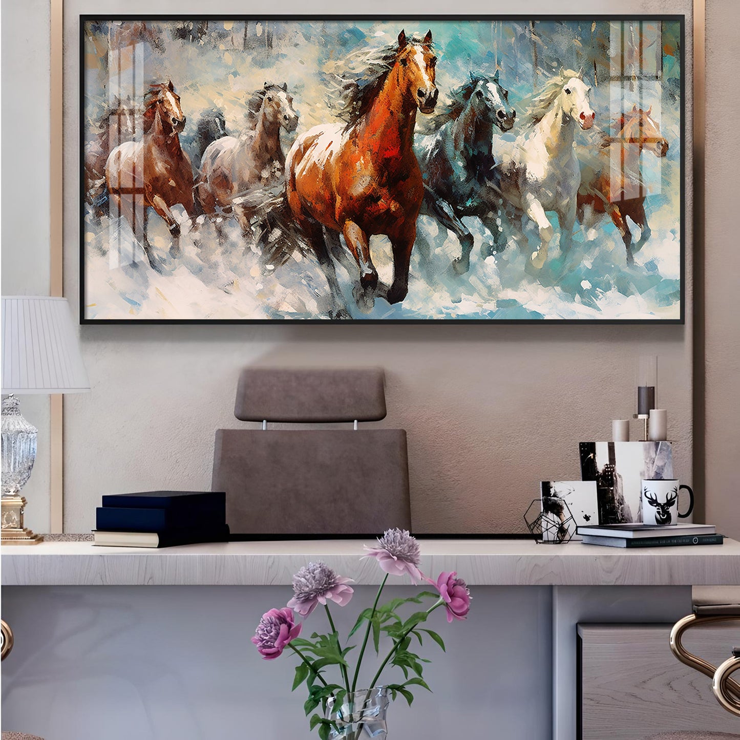 Running Horses Vastu Glass Finish Horizontal Wall Art