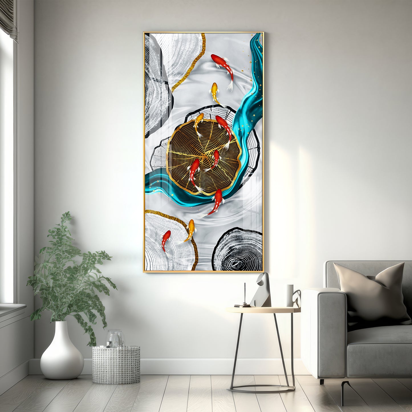 Tranquil Fish Pond Glass Finish Vertical Wall Art
