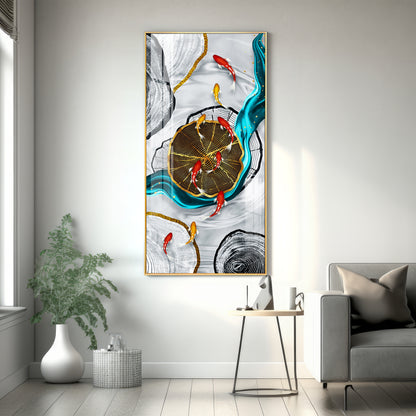 Tranquil Fish Pond Glass Finish Vertical Wall Art