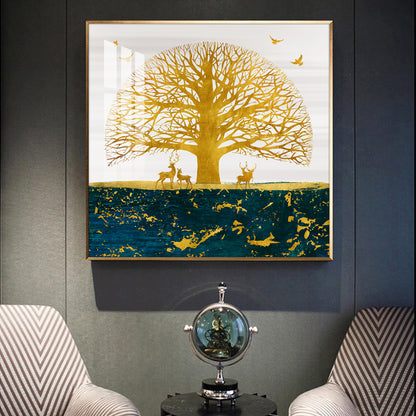 Portrait of Deer and Tree Glass Finish Square Wall Art