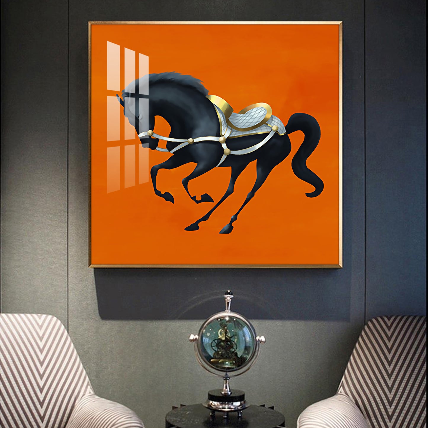 Jumping Horse In Orange Horizon Glass Finish Square Wall Art