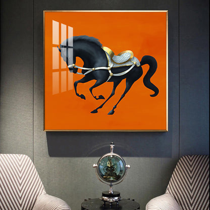 Jumping Horse In Orange Horizon Glass Finish Square Wall Art