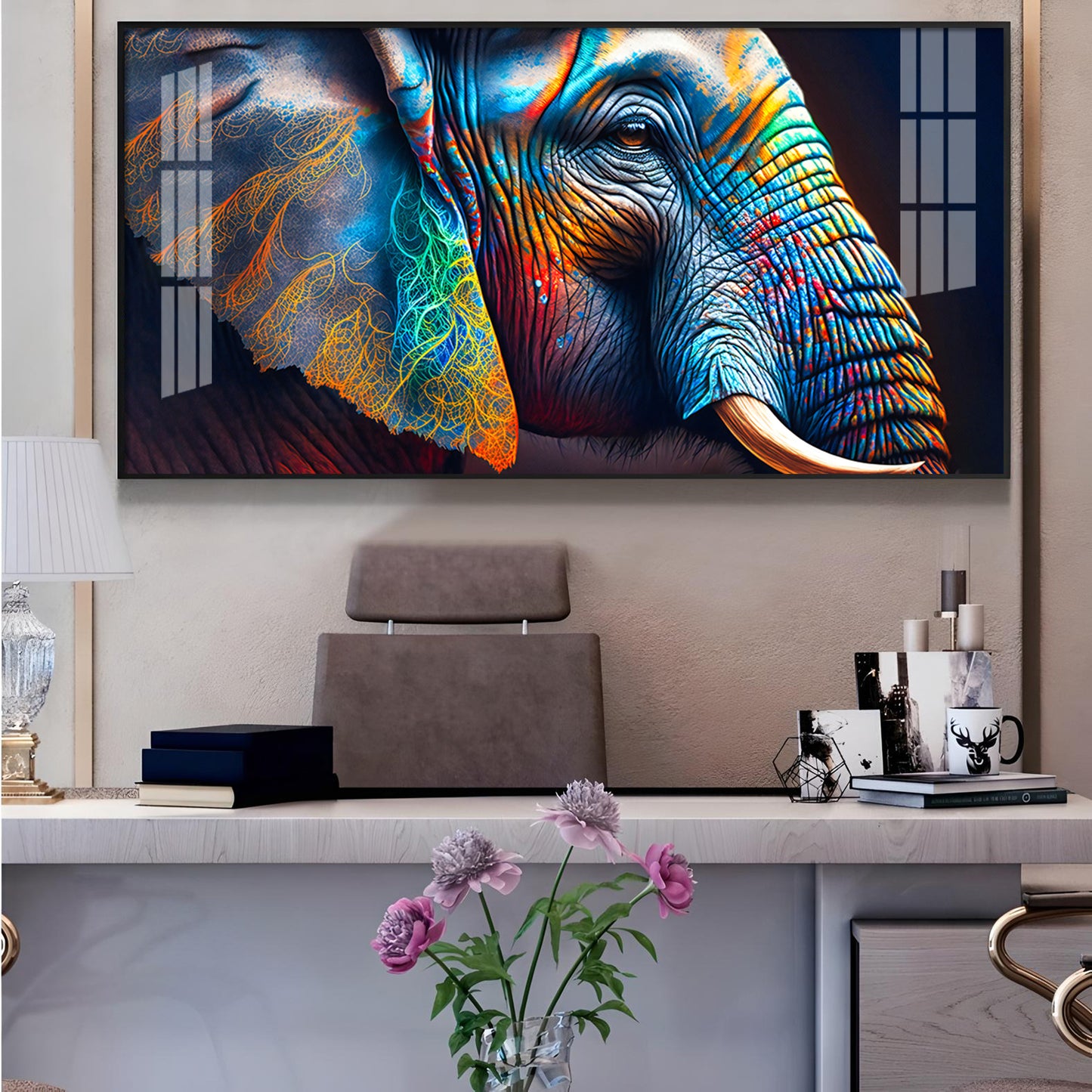 Vibrant Elephant Glass Finish Horizontal Wall Art