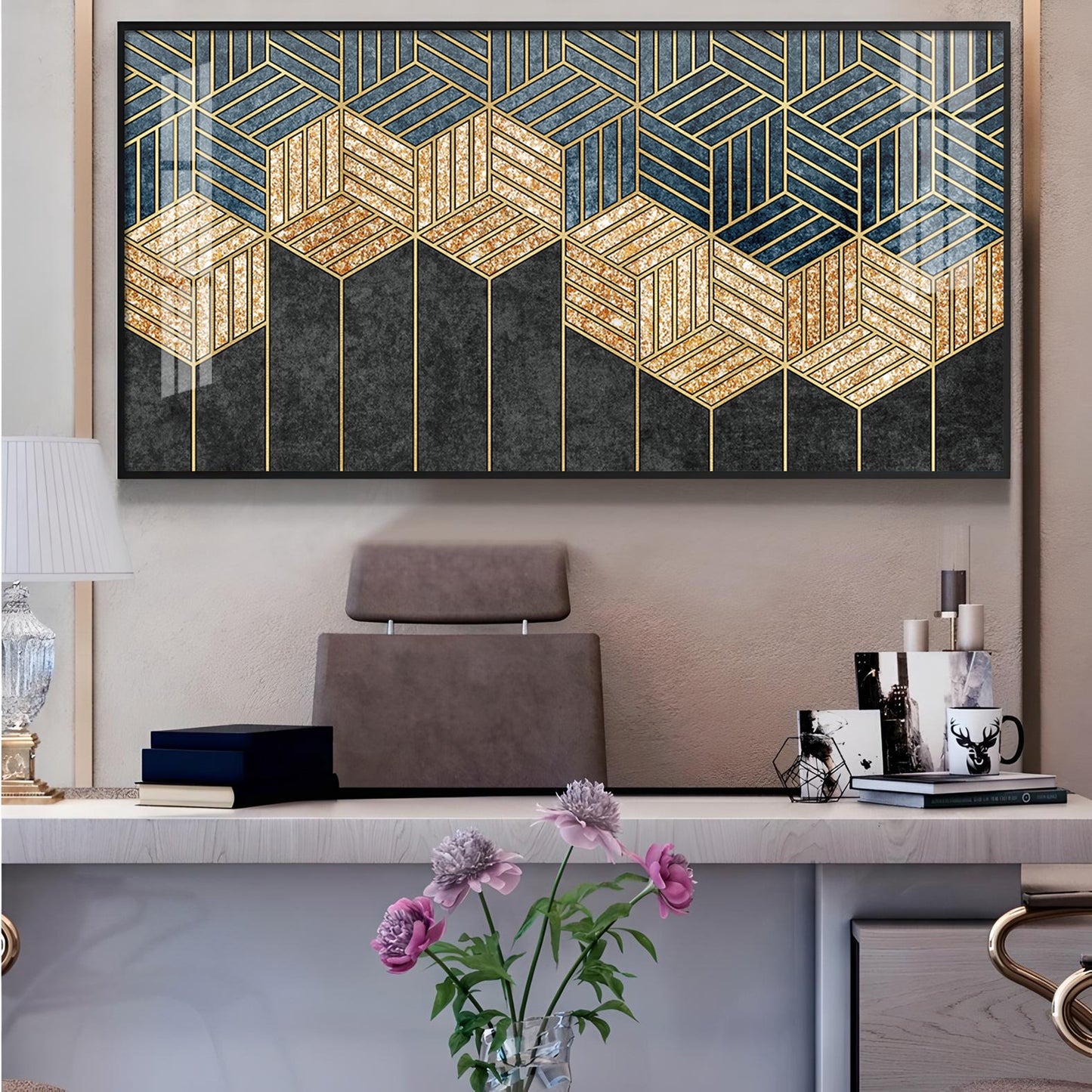 Hampton Abstract Black & Gold Glass Finish Horizontal Wall Art