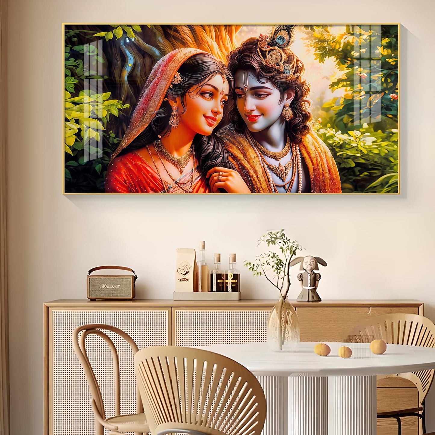 Loving Couple Radha and Krishna Glass Finish Horizontal Wall Art