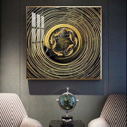 Noir & Gold Fish Glass Finish Square Wall Art