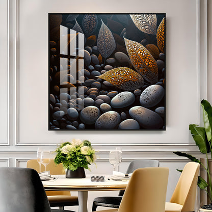Leaves and Stones Glass Finish Square Wall Art
