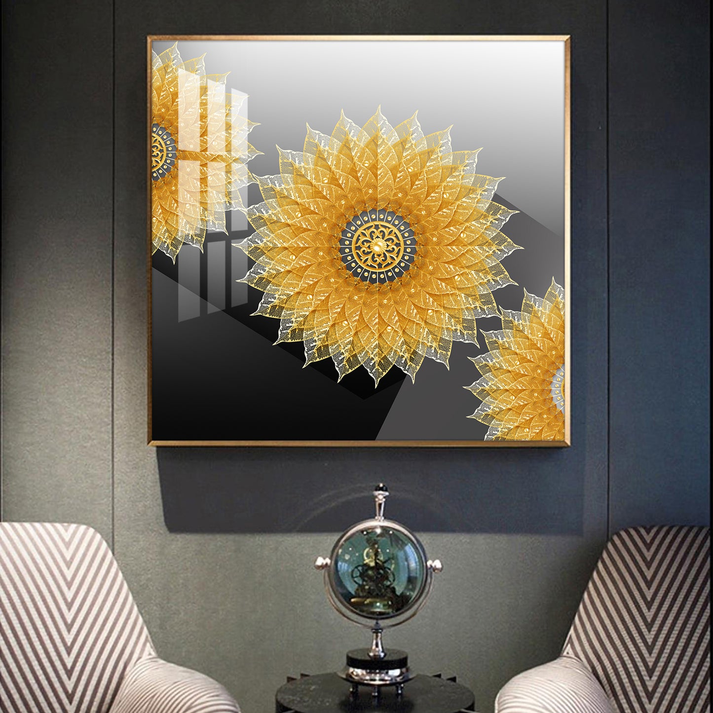 Golden Bloom Glass Finish Square Wall Art