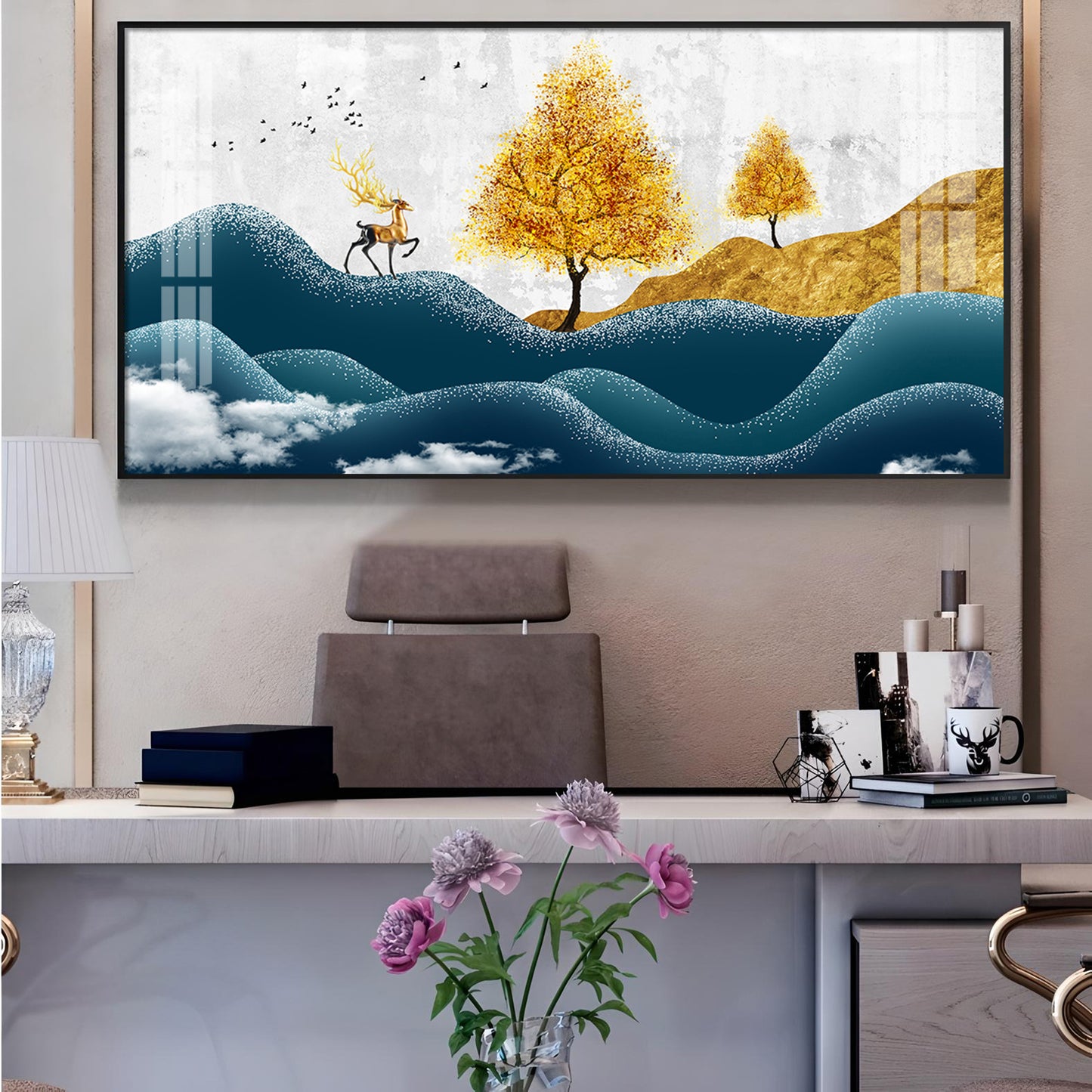 Deer In Forest Glass Finish Horizontal Wall Art