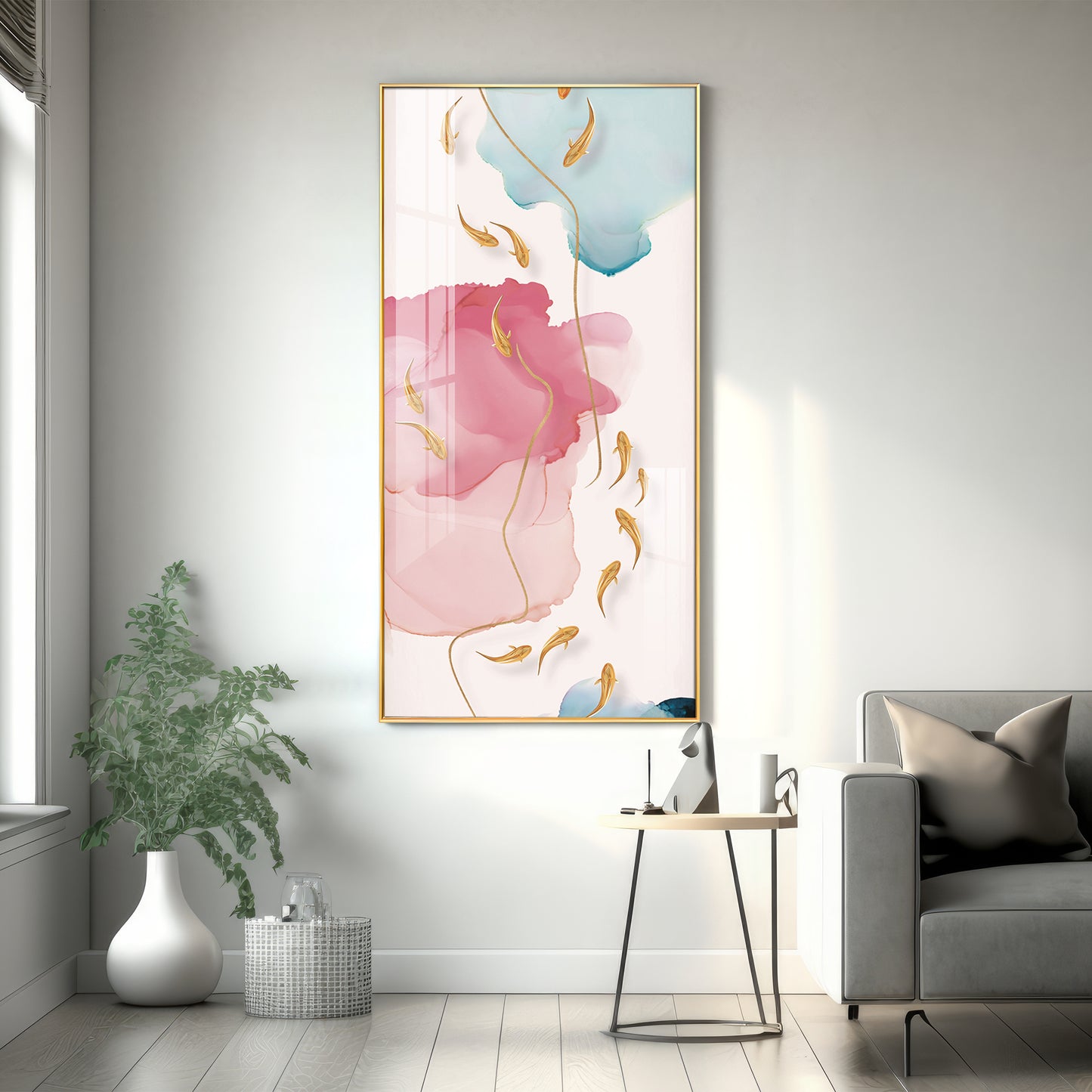 Pink and Blue Floral Glass Finish Vertical Wall Art