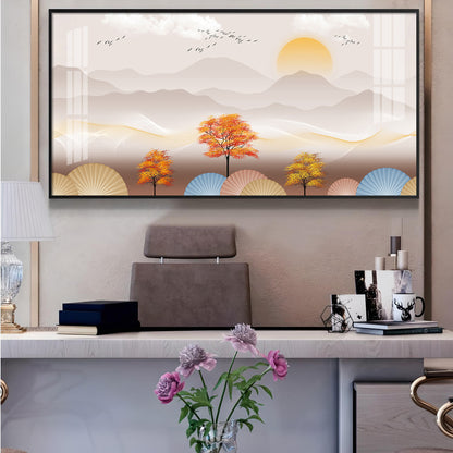 Tree With Mountains Glass Finish Horizontal Wall Art