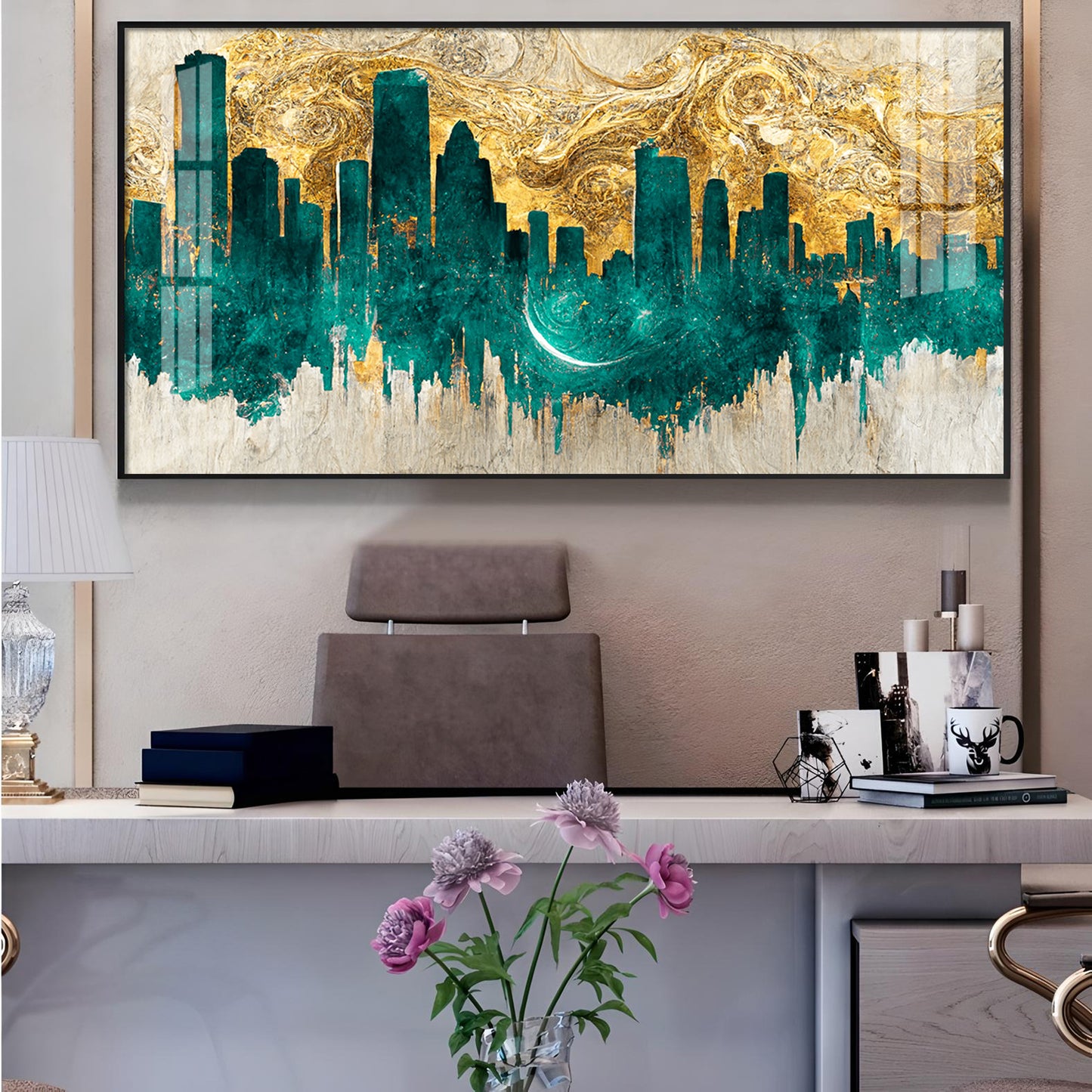 Golden Urban Vista Glass Finish Horizontal Wall Art