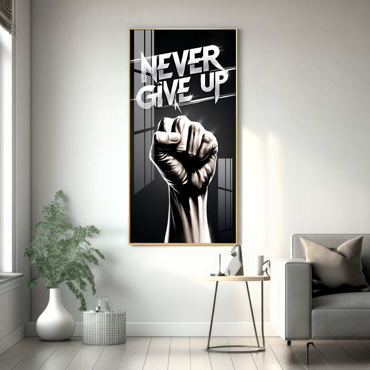 Never Give Up Motivational Quote Glass Finish Vertical Wall Art