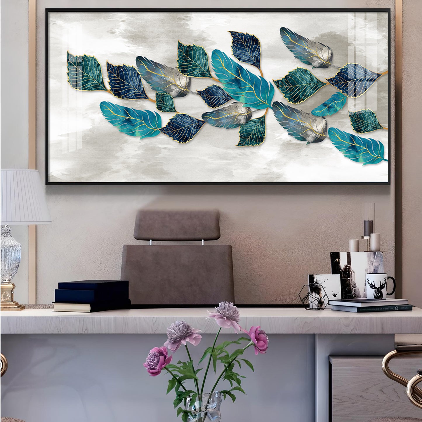 Turquoise Greay Leaves Glass Finish Horizontal Wall Art