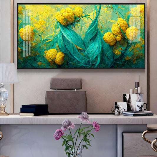 Floral Pattern Glass Finish Horizontal Wall Art