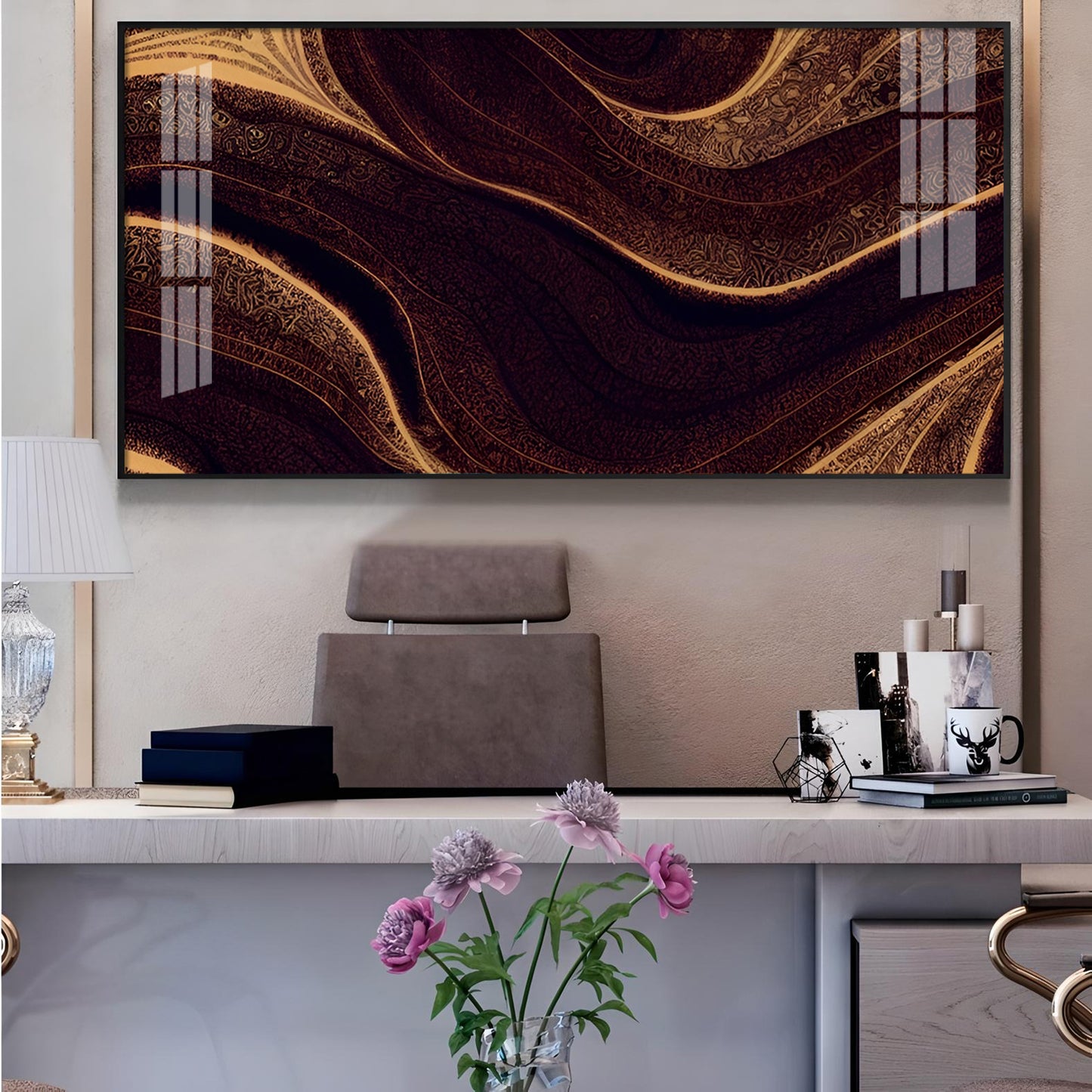 Golden Rhythm Wave Glass Finish Horizontal Wall Art