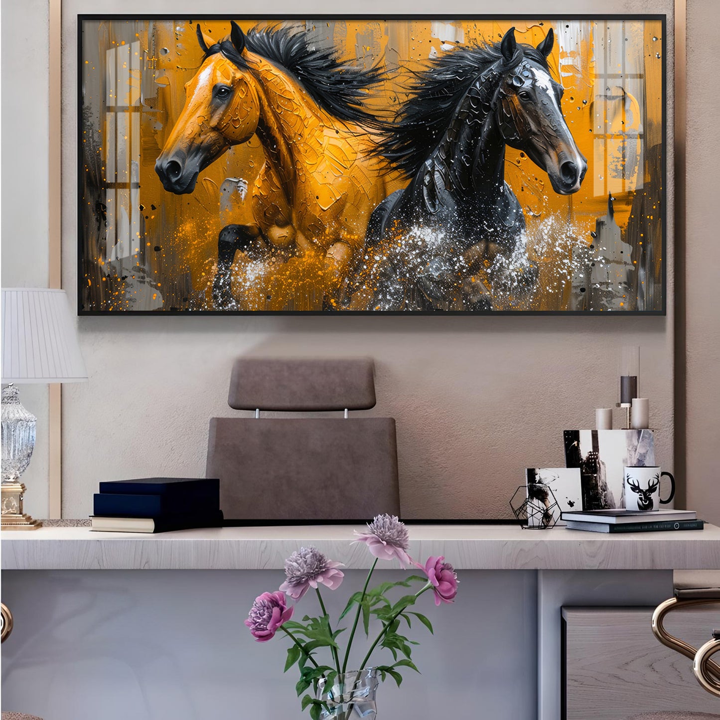 Two Horses Glass Finish Horizontal Wall Art