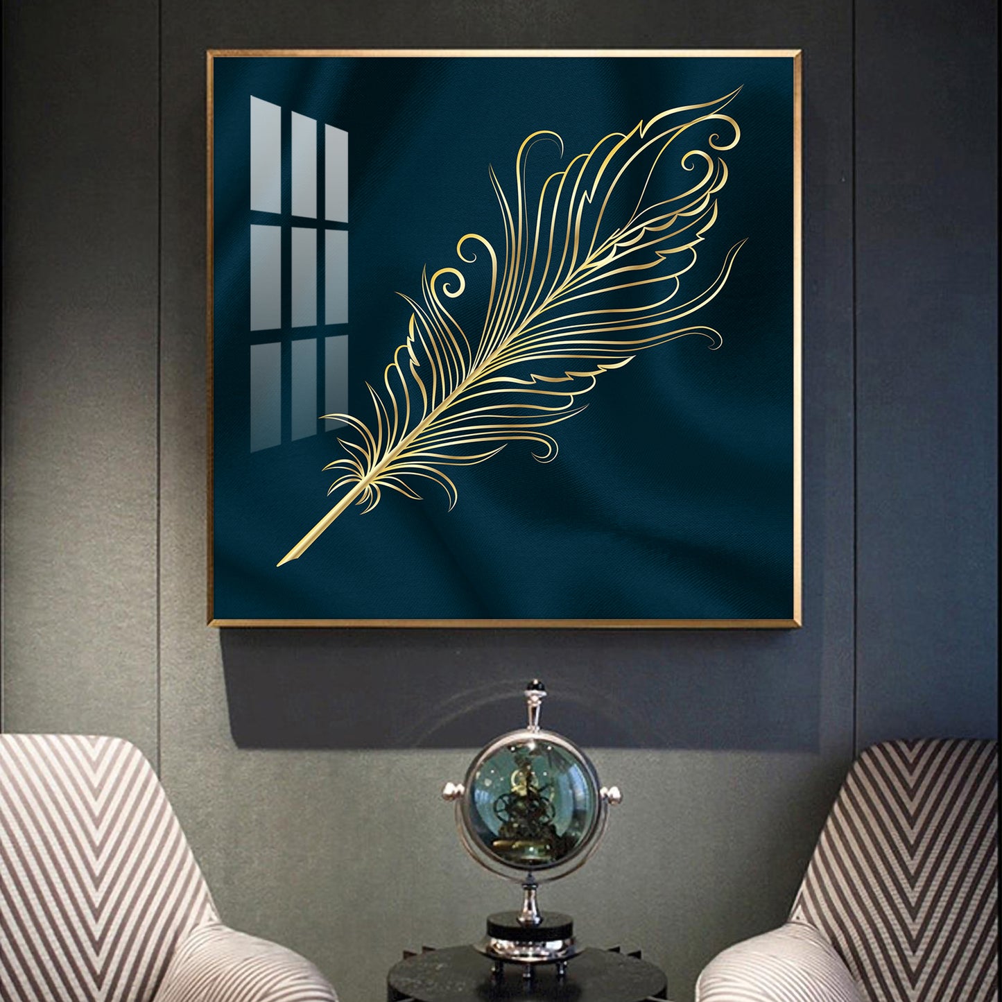 Feather on Azure Glass Finish Square Wall Art