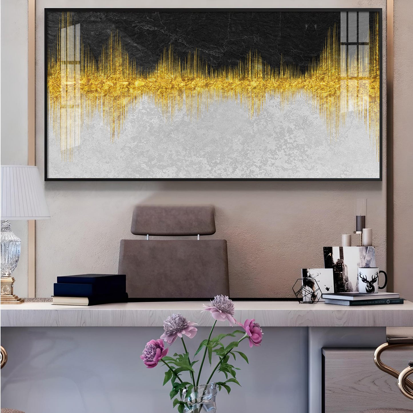 Abstract Marble Golden Black Glass Finish Horizontal Wall Art