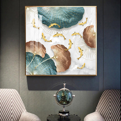 Opulent Blue Gold Flora Glass Finish Square Wall Art