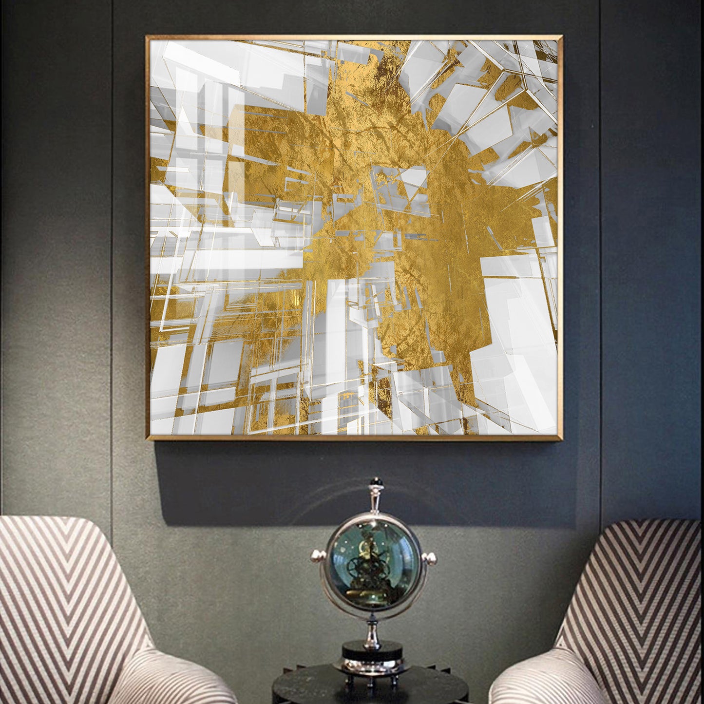 Symphony in Gold and White Glass Finish Square Wall Art