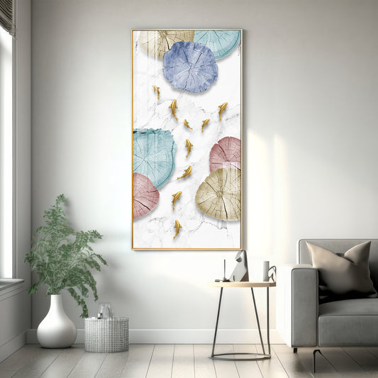 Golden Fish Umbrella Mosaic Glass Finish Vertical Wall Art