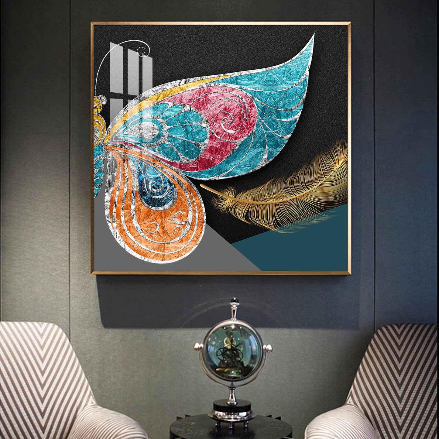 Chromatic Feather Glass Finish Square Wall Art