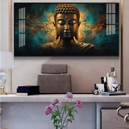 Lord Buddha Golden Glass Finish Horizontal Wall Art