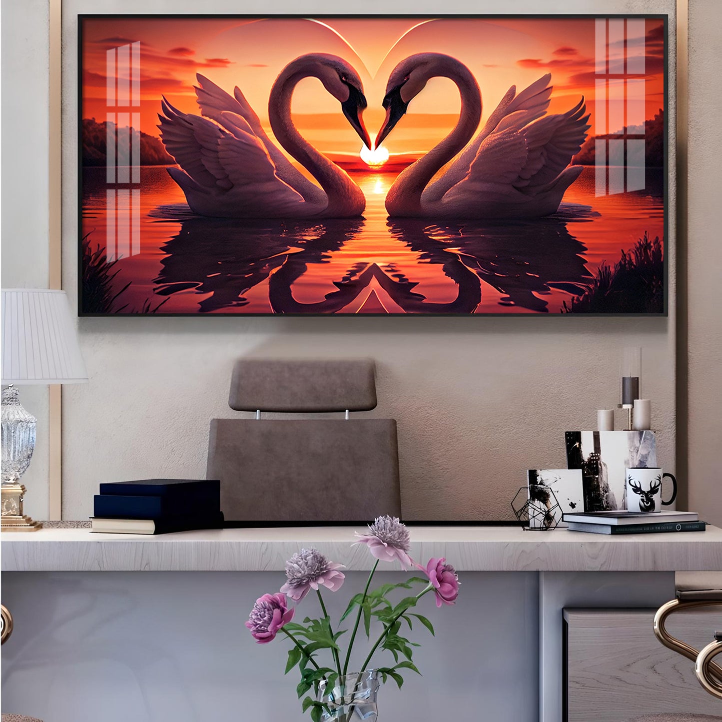 Swan In Vibrant Affection Glass Finish Horizontal Wall Art