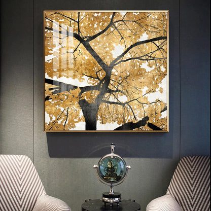 Radiant Tree of Gold Glass Finish Square Wall Art