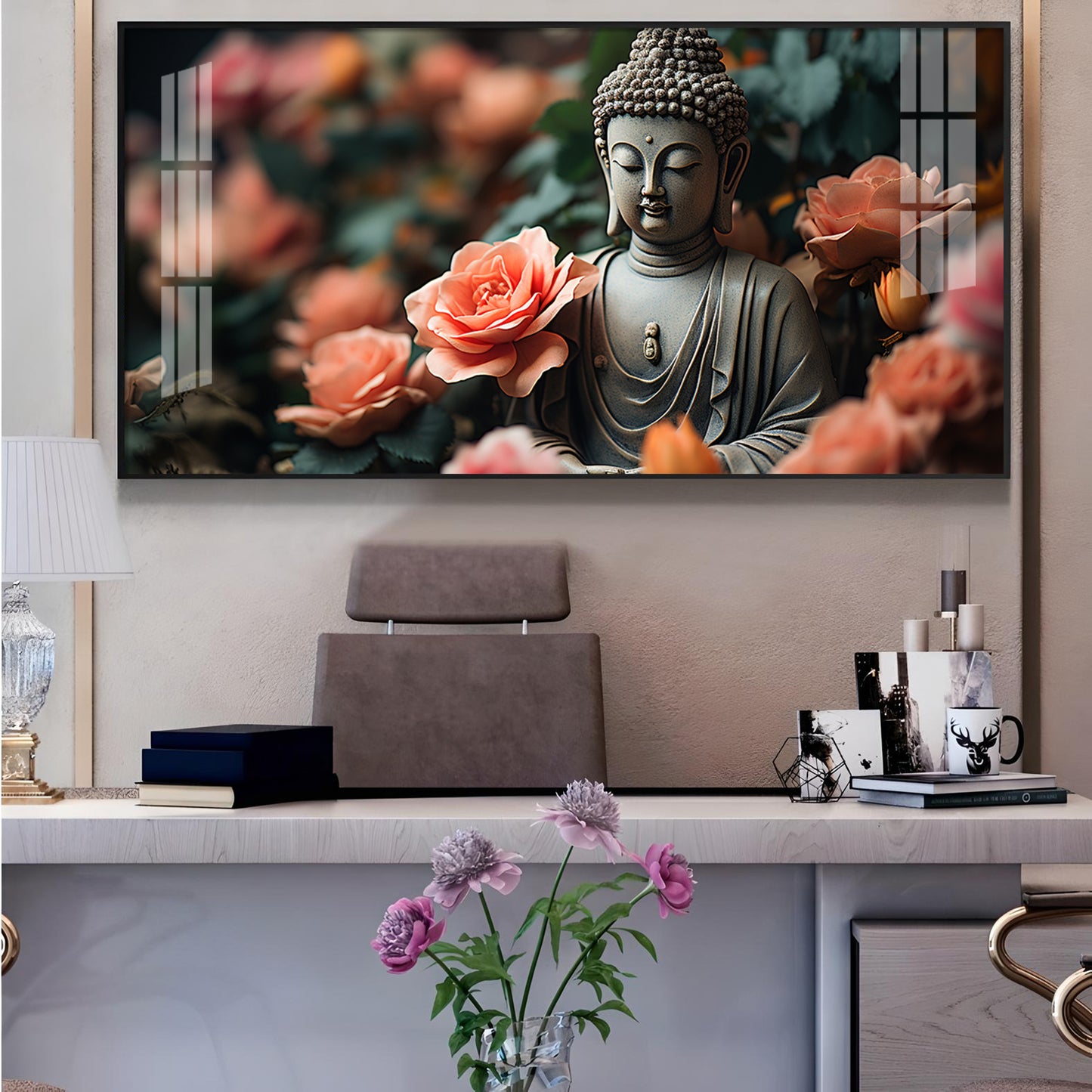 Calm Buddha With Flower Glass Finish Horizontal Wall Art