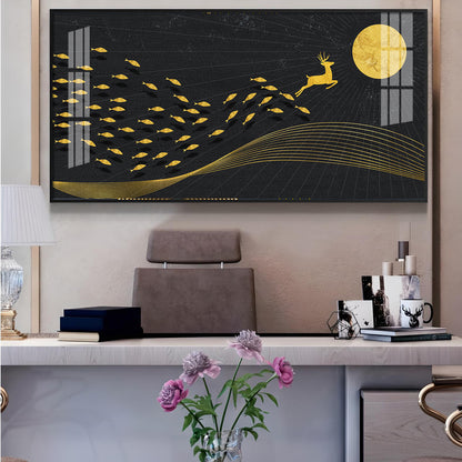 Fish Deer And Moon Glass Finish Horizontal Wall Art