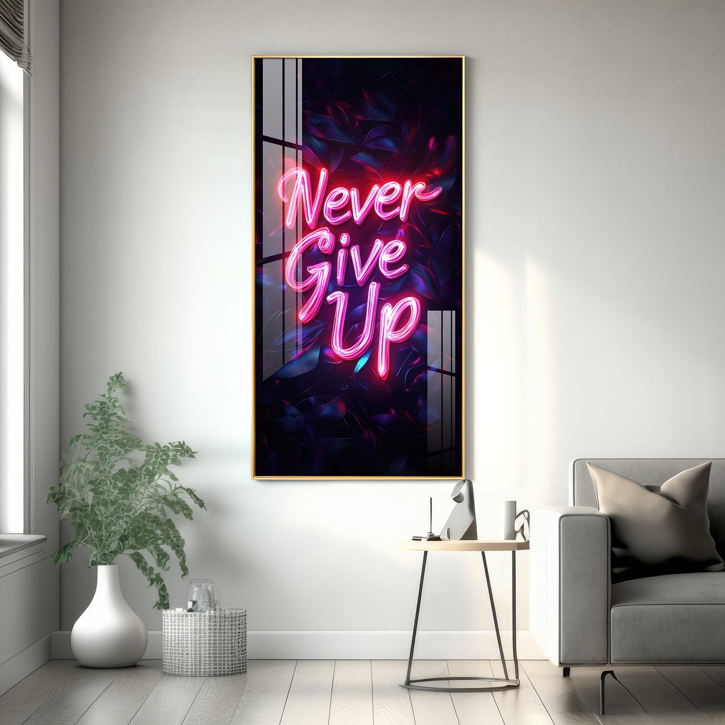Never Give Up motivational Glass Finish Vertical Wall Art