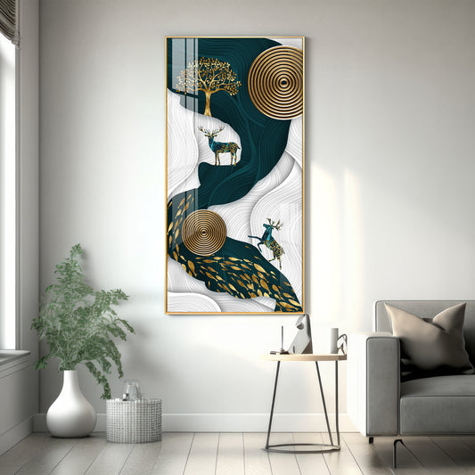 Deer and Tree Glass Finish Vertical Wall Art