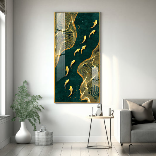 Oceanic Gold Fish Glass Finish Vertical Wall Art