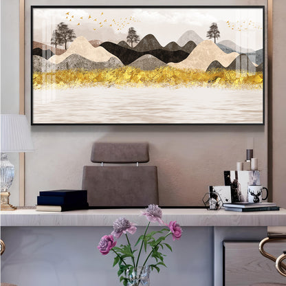 Colorful Golden Mountain Glass Finish Horizontal Wall Art